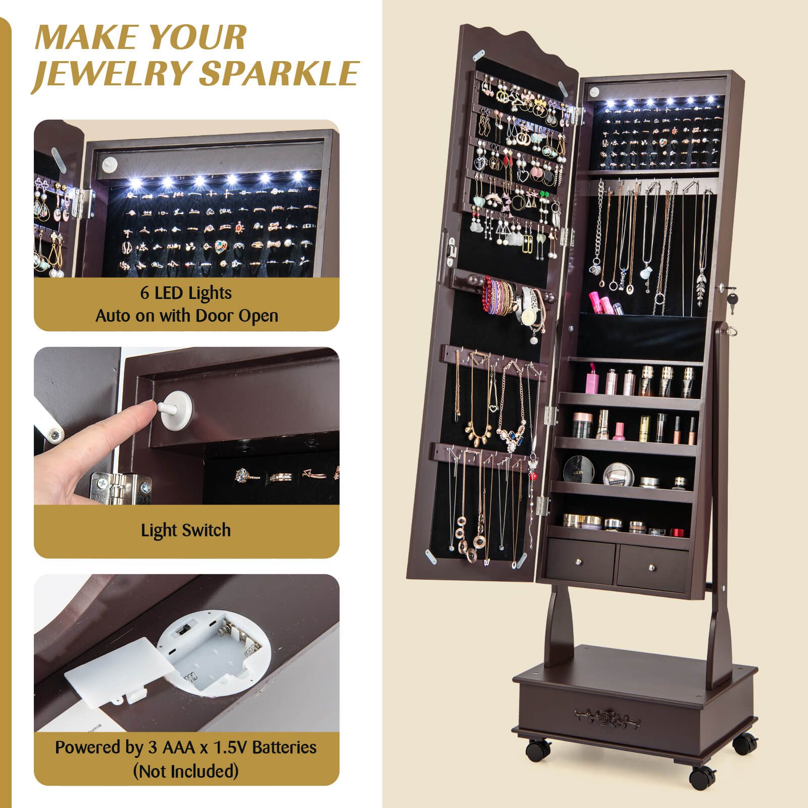 Mobile Jewelry Cabinet with Full Length Mirror and 6 LED Lights